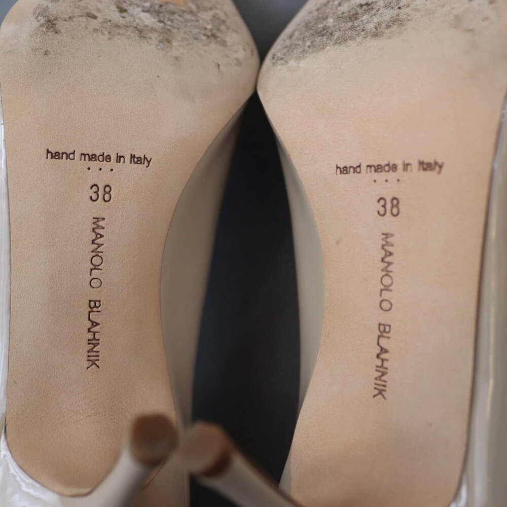 Manolo Blahnik 38 Quitohi Patent Nude Tan Point Toe Heels Perforated Laser Cut - Picture 15 of 16